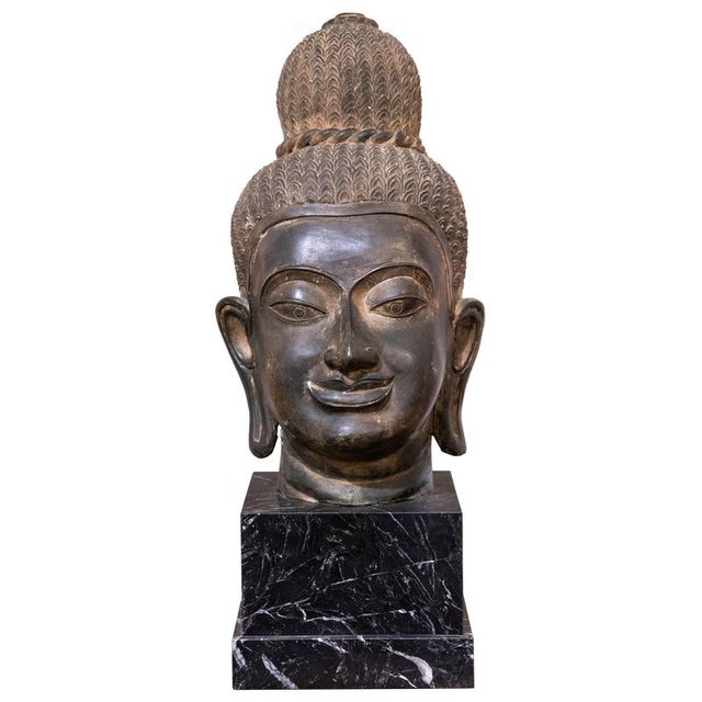 Ancient Buddha Head Sculpture, 19th Century, Bronze and Marble For Sale - Image 5 of 5