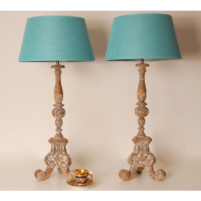 Vintage French Country Lamps Wood Turquoise Linen Lampshades a Pair For Sale - Image 6 of 11