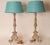 Vintage French Country Lamps Wood Turquoise Linen Lampshades a Pair For Sale - Image 6 of 11