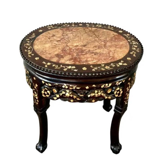 Chinese Rosewood and Mother-of-Pearl Inlaid Marble Top Plant Stand For Sale - Image 16 of 16