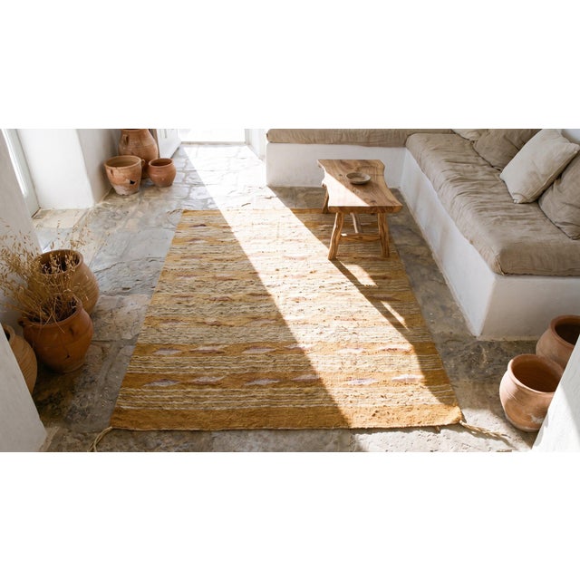 1940s Tan Camel Stripe Modern Antique American Navajo Chinle Wide Ruins Rug 2' X 3' Flat Weave Wool Carpet For Sale - Image 9 of 10