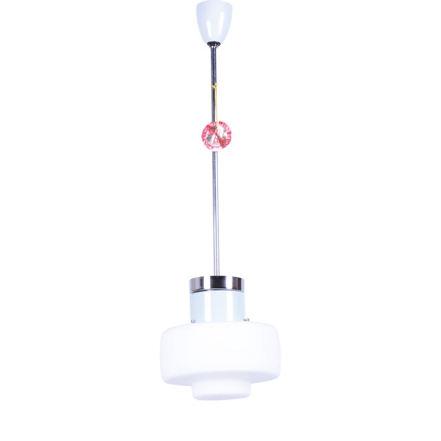 Mid-Century Czech Chrome and Opaline Glass Pendant Light attributed to Lidokov, 1960s For Sale