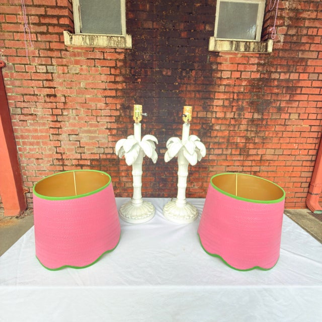 1970s Palm Beach Regency White Palm Tree Table Lamps With Custom Scalloped Shades - A Pair Newly Painted For Sale In Mobile - Image 6 of 13