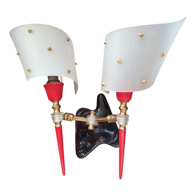 French Plastic and Wood Wall Lamp from Maison Arlus, 1950s For Sale