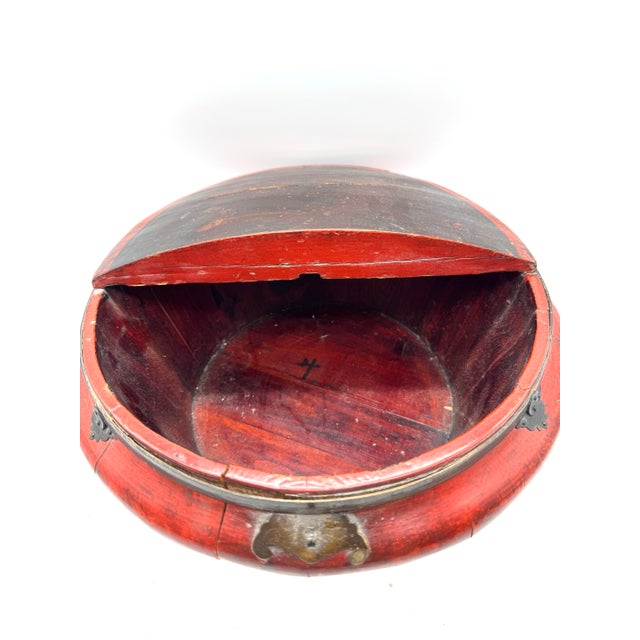 Asian Antique Asian Red Lacquered Wood Covered Rice Bowl With Metal Hardware For Sale - Image 3 of 10
