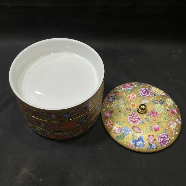 Late 20th Century Gold Ground Porcelain Lidded Jar With Famille Rose Floral Motifs For Sale - Image 4 of 7