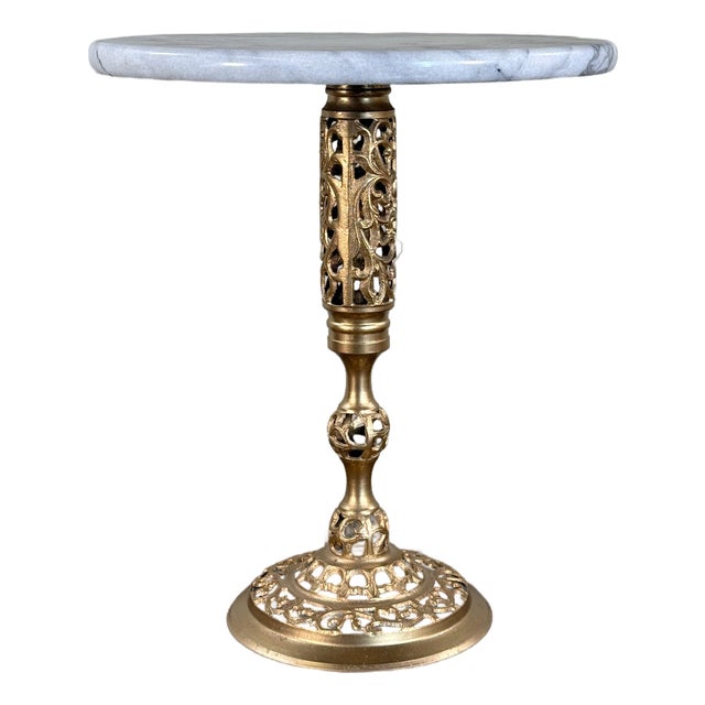 Vintage French Neoclassical Marble Top Brass Pedestal Side Table With Pierced Base For Sale