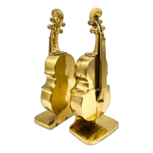 20th Century Figurative Brass Violin Bookends - a Pair