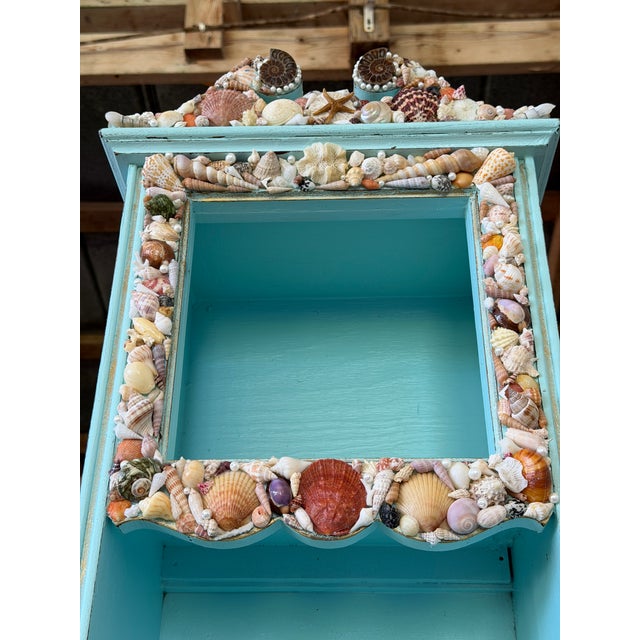 Aqua Vintage Grandfather Clock Bookcase With Seashell Mosaic Coastal Folk Art For Sale - Image 8 of 12
