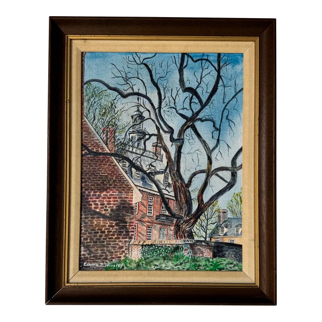 1980's Edwina Z. Worsley Historic Brick Architecture and Winter Tree Landscape Oil Sold For Sale