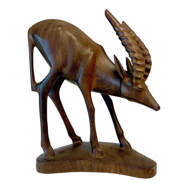 1970s Vintage Arts & Crafts Rustic Hand-Carved Walnut Gazelle Statue. For Sale
