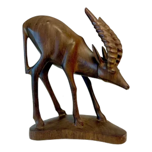 1970s Vintage Arts & Crafts Rustic Hand-Carved Walnut Gazelle Statue.