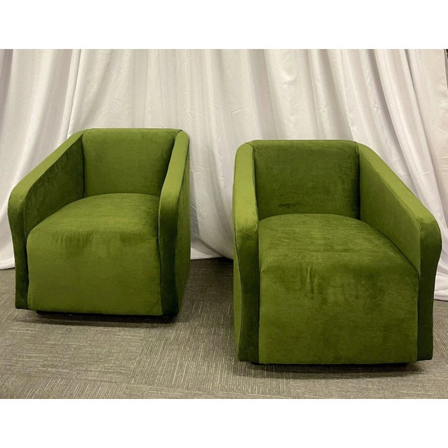 Modern Pair Green Velvet Swivel Chairs For Sale - Image 3 of 9