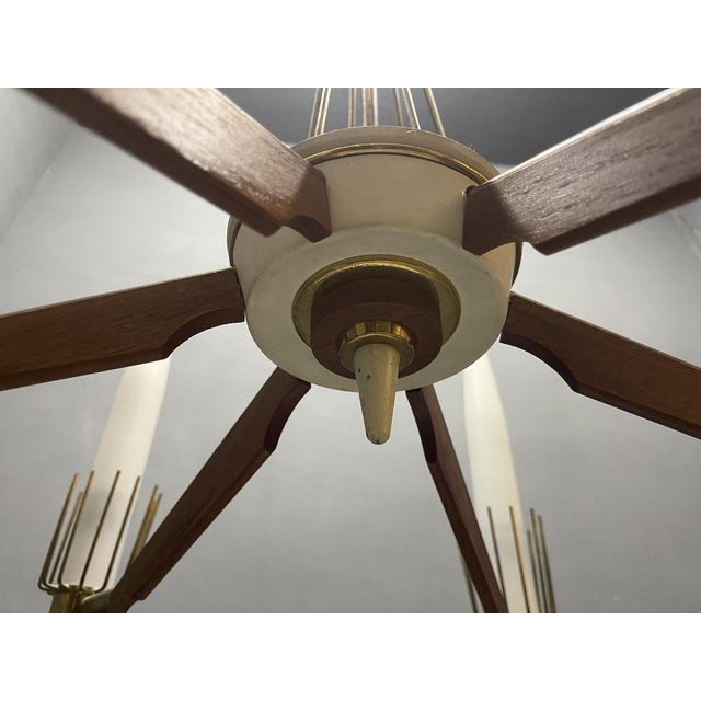 Wood Vintage Italian Walnut Veneer and Opaline Glass Six-Light Chandelier, 1950s For Sale - Image 7 of 18