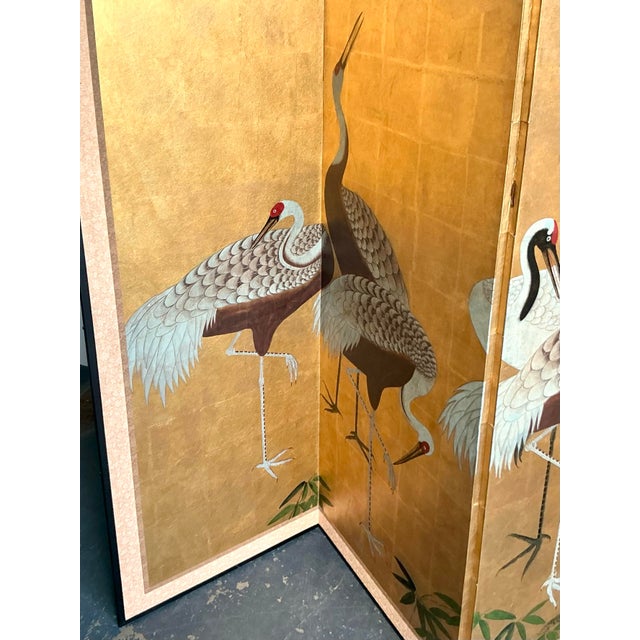 Vintage Asian Gold Leaf Crane Folding Screen For Sale - Image 11 of 12