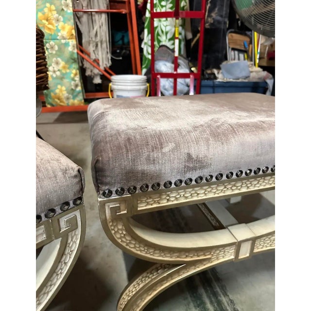 Wood Pair of Vintage Purple Velvet and Wooden Ottomans For Sale - Image 7 of 12