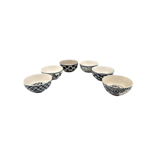 Set of 6 Bat Trang Vietnamese Ceramic Bowls Hand Painted in Blue Floral & Geometric Patterns For Sale - Image 18 of 18