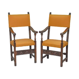 Antique Italian 19th Century Walnut High Back Throne Arm Chairs - a Pair