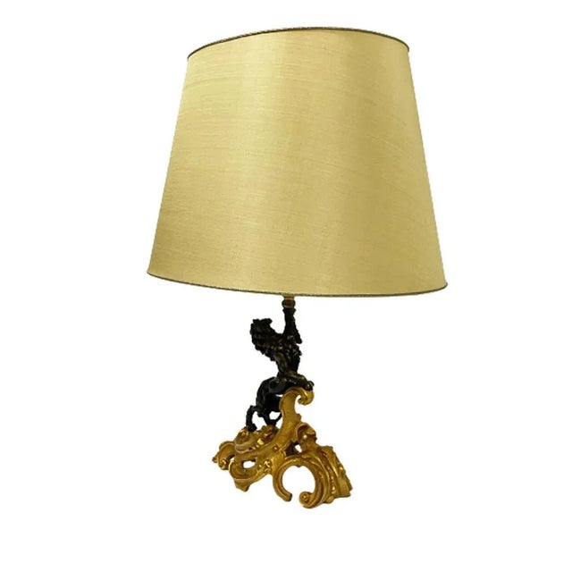 Bronze Lamp with Curled Leaf Gilded Base and Standing Lion For Sale - Image 10 of 11