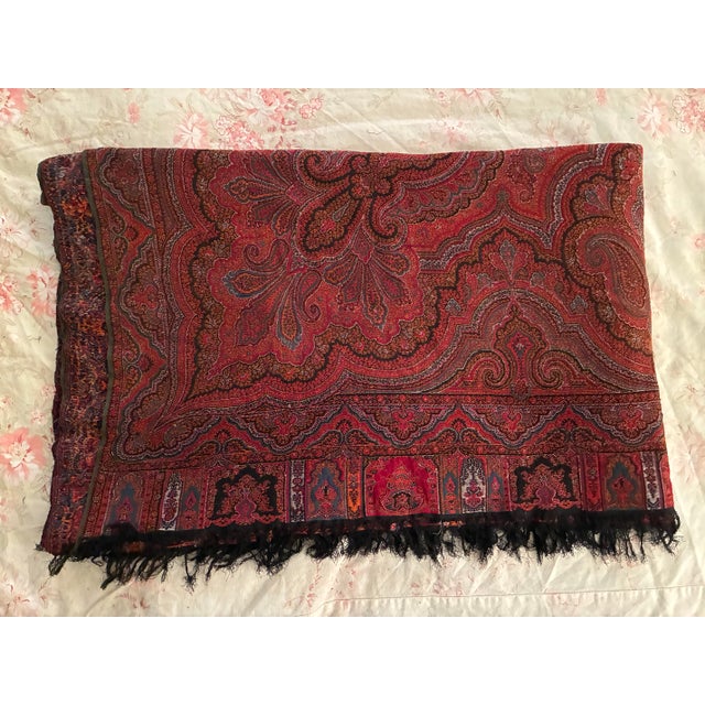 Late 19th Century Antique Victorian Paisley Piano Shawl 54x132 Kashmir Style Wool Throw Long Textile Tapestry Red Black Boho Decor For Sale - Image 5 of 12