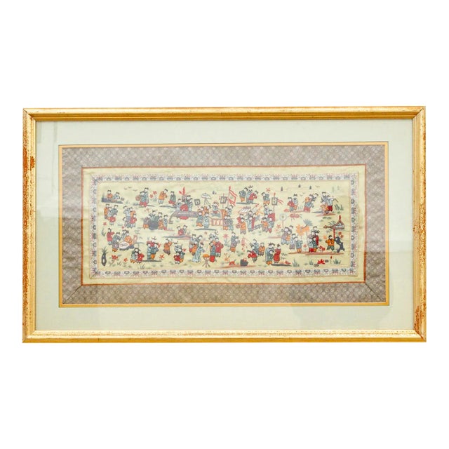 Antique Framed Grand Procession Embroidery For Sale