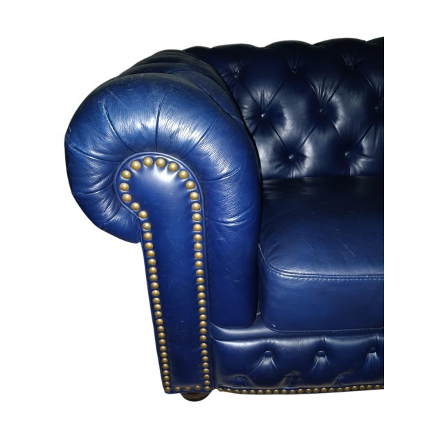Elevate Your Living Space With These Navy Chesterfield Genuine Leather Sofa and Loveseat Set For Sale - Image 11 of 12