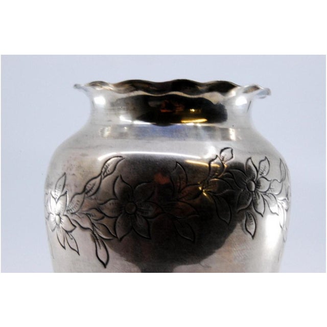 Silver Vase with Engraved Floral Motifs and Wavy Rim For Sale - Image 3 of 10