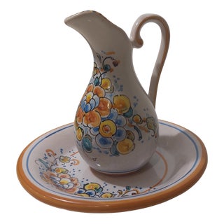 Hand-Painted Ceramic Plate and Jug Set from Lufeco, 1960s, Set of 2 For Sale