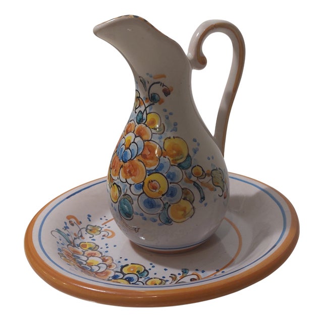 Hand-Painted Ceramic Plate and Jug Set from Lufeco, 1960s, Set of 2 For Sale