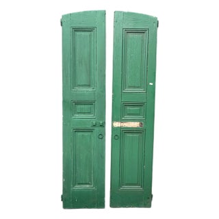 Antique European Arched Wood Shutters in Aged Green Paint – Pair For Sale