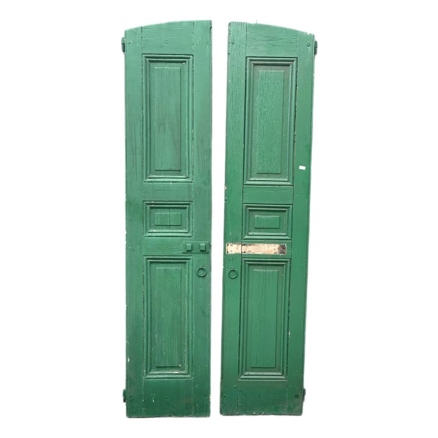 Antique European Arched Wood Shutters in Aged Green Paint – Pair For Sale