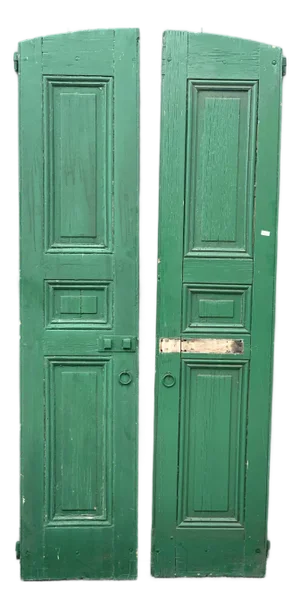 Antique European Arched Wood Shutters in Aged Green Paint – Pair