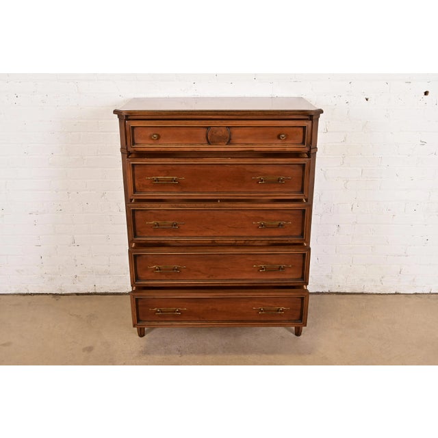 Kent Coffey French Regency Louis XVI Carved Cherry and Burl Wood Highboy Dresser, Circa 1960s For Sale In South Bend - Image 6 of 16