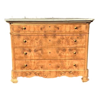 19th Century French Burl Walnut Bleached Marble Top Chest of Drawer / Commodes For Sale
