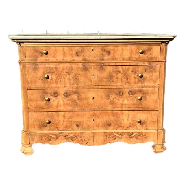 19th Century French Burl Walnut Bleached Marble Top Chest of Drawer / Commodes For Sale