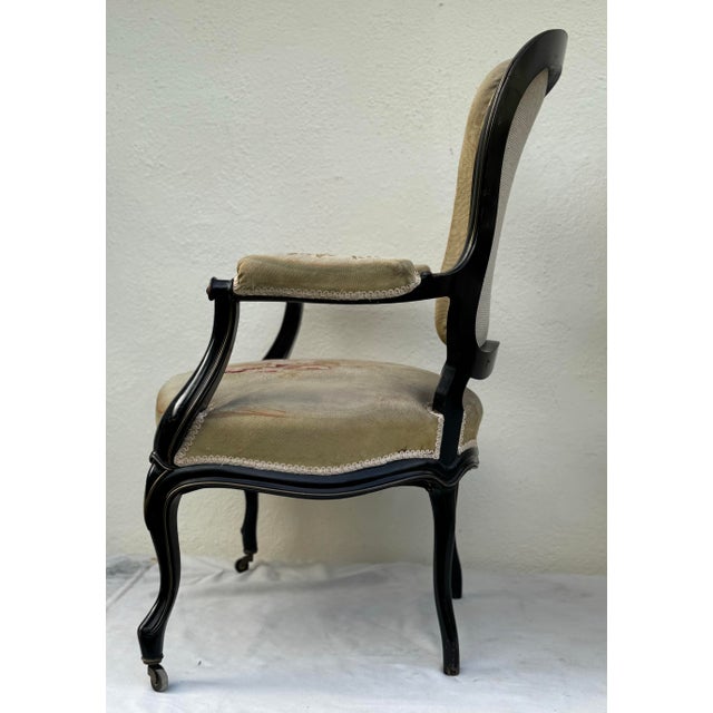 Mid 19th Century Pair of Antique 19th Century Ebonized French Fauteuils With Original Needlepoint Upholstery For Sale - Image 5 of 11