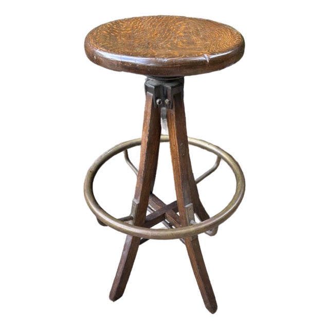 Early 20th Century Early Twentieth Century Heavy Solid Wood and Brass Swivel Industrial Drafting Stool For Sale