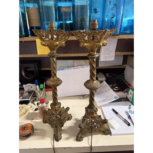 Bronze Lamps on Candlestick, Set of 2, in Good conditions. Designed before 1890 European Plug (up to 250V).The wiring of...