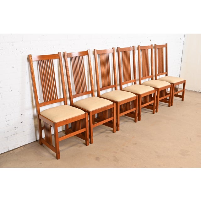 L. & J.G. Stickley, Inc. Stickley Mission Arts & Crafts Cherry Wood High Back Spindle Dining Chairs, Set of Six For Sale - Image 4 of 12