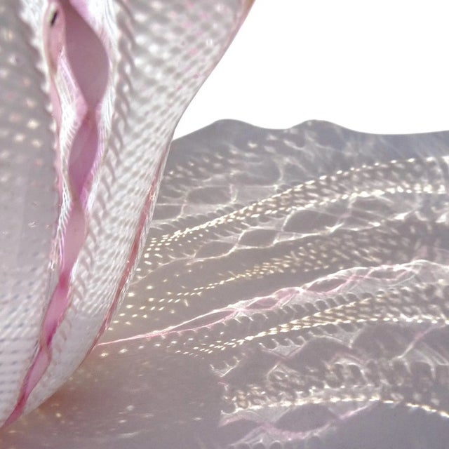 Glass Murano Vintage Pink Aventurine Flecks White Zanfirico Ribbons Italian Art Glass Fazzoletto Handkerchief Vase For Sale - Image 7 of 10