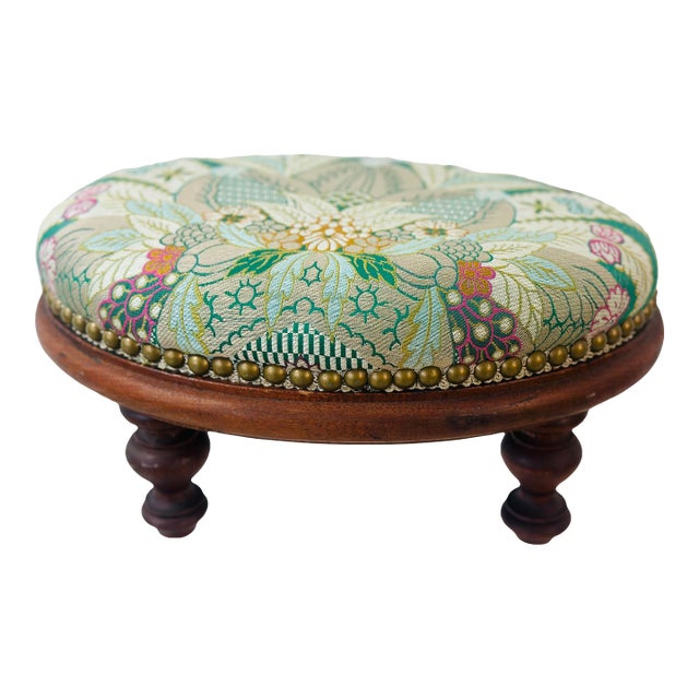 Antique Footstool Reupholstered in Designer Fabric For Sale