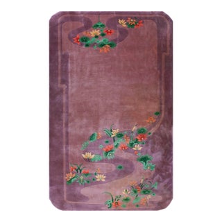 1920s Purple Aquatic Foliage Antique Chinese Art Deco Carpet 4' 10'' X 8' 6'' Wool Knotted Rug For Sale