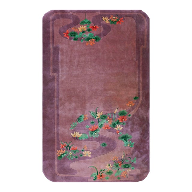 1920s Purple Aquatic Foliage Antique Chinese Art Deco Carpet 4' 10'' X 8' 6'' Wool Knotted Rug For Sale