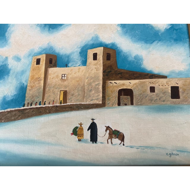 A very nice Mid Century original oil painting signed C. Gibson. A quiet landscape scene of a church in a stark desert...