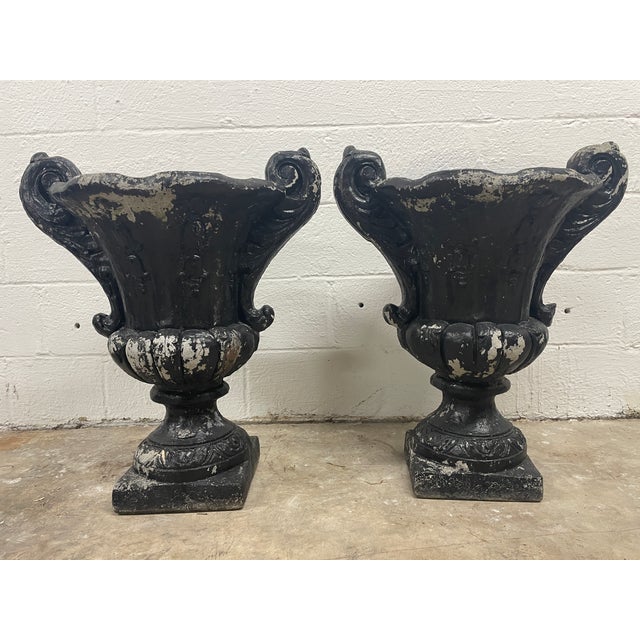 Victorian Pair of Large 31" Mid-Century Cast Stone Campana Garden Urns - Asheville Estate Rescue For Sale - Image 3 of 12