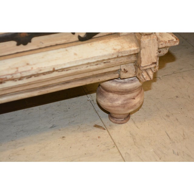 1940s Vintage Karpen Furniture Gothic Cream Wood Lockable Cabinet W/ Black Iron Strap Hinges & Carved Faces For Sale - Image 6 of 12