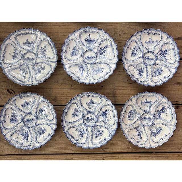 French Country 1950s Hand-Painted Weimar Germany Blue & White Oyster Plates | Complete Matched Grandmillenial Collection - Set of 12 For Sale - Image 3 of 12