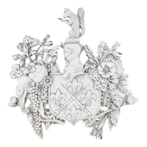 White Wood Carved Family Crest Wall Plaque With Squirrel and Floral Details