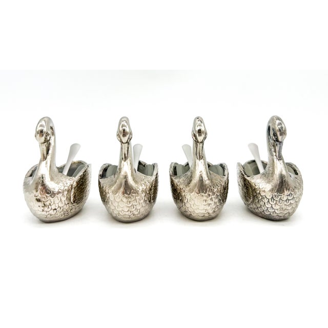 Metal Vintage Hollywood Regency Style Silver -Plated Swan Salt Cellars With Glass Inserts and Spoons - Set of Four For Sale - Image 7 of 13
