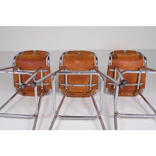Cognac Leather Stools, 1970s, Set of 3 For Sale - Image 11 of 12